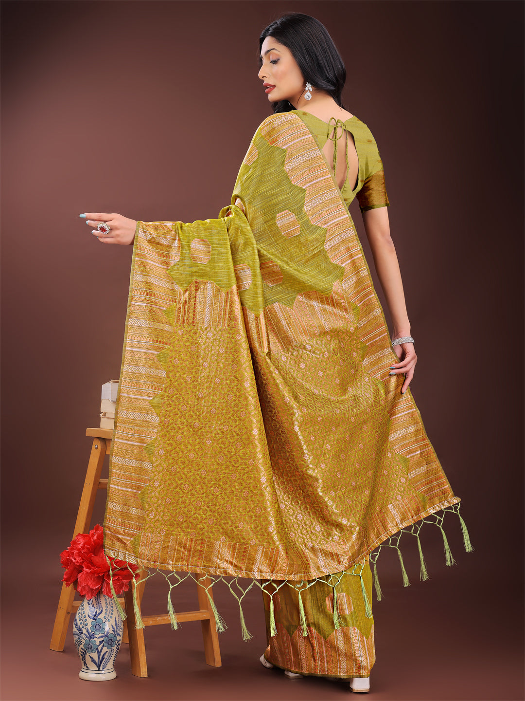 Mustard Linen Cotton Saree with Woven Geometric Zari Motifs