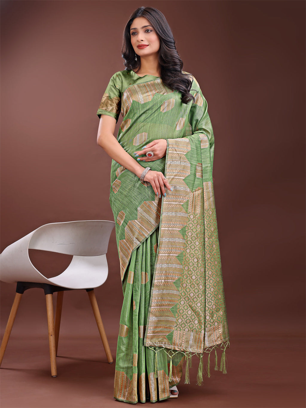 Light Green linen cotton saree with woven geometric zari motifs and elegant pallu