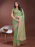 Light Green linen cotton saree with woven geometric zari motifs and elegant pallu
