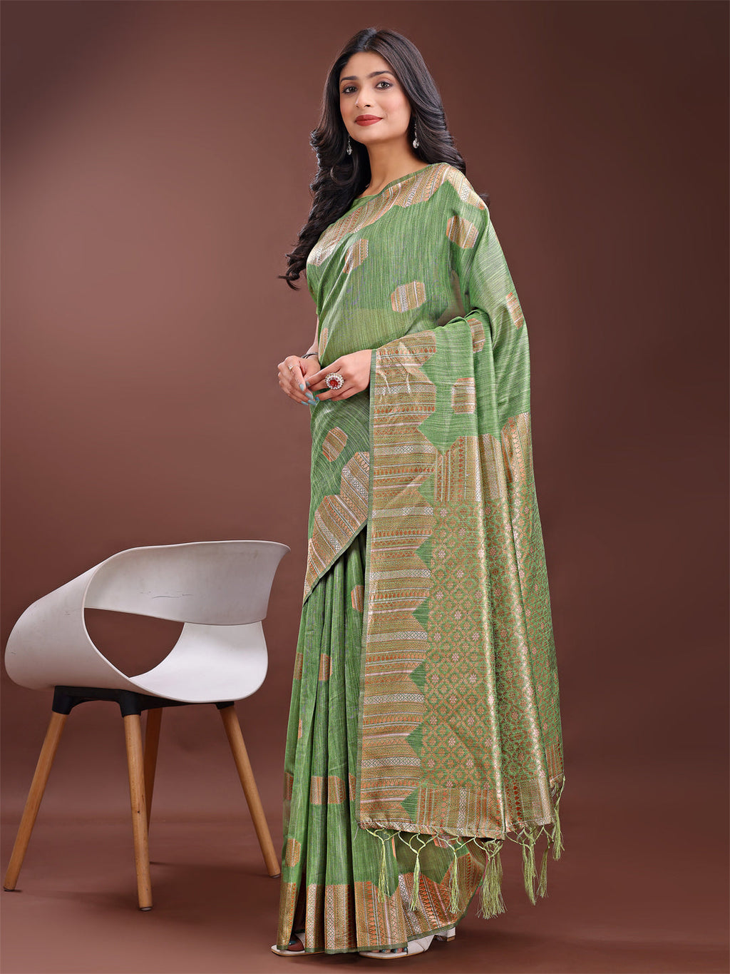 Light Green Linen Cotton Saree with Geometric Zari Motifs