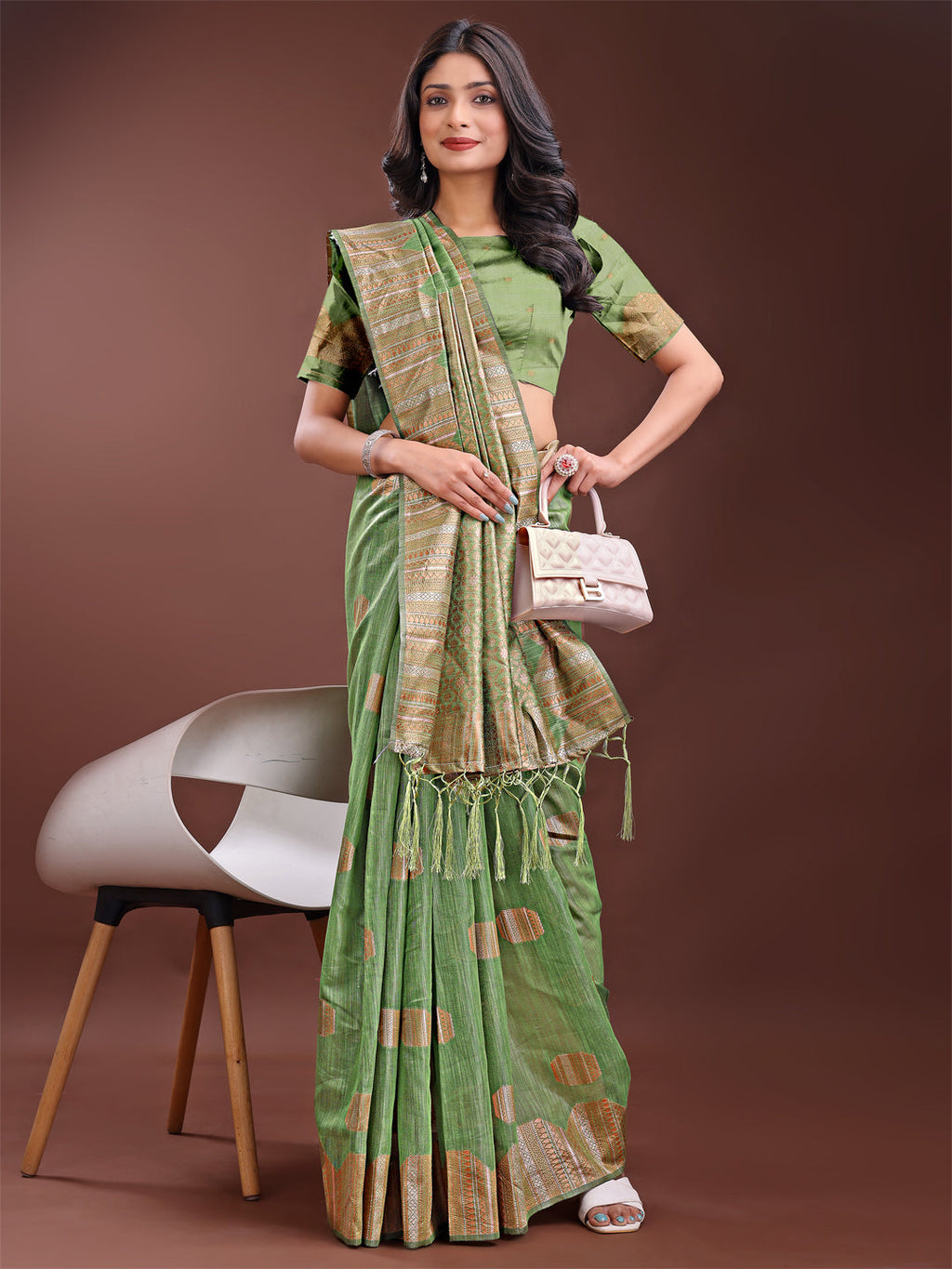 Light Green Linen Cotton Saree with Geometric Zari Motifs