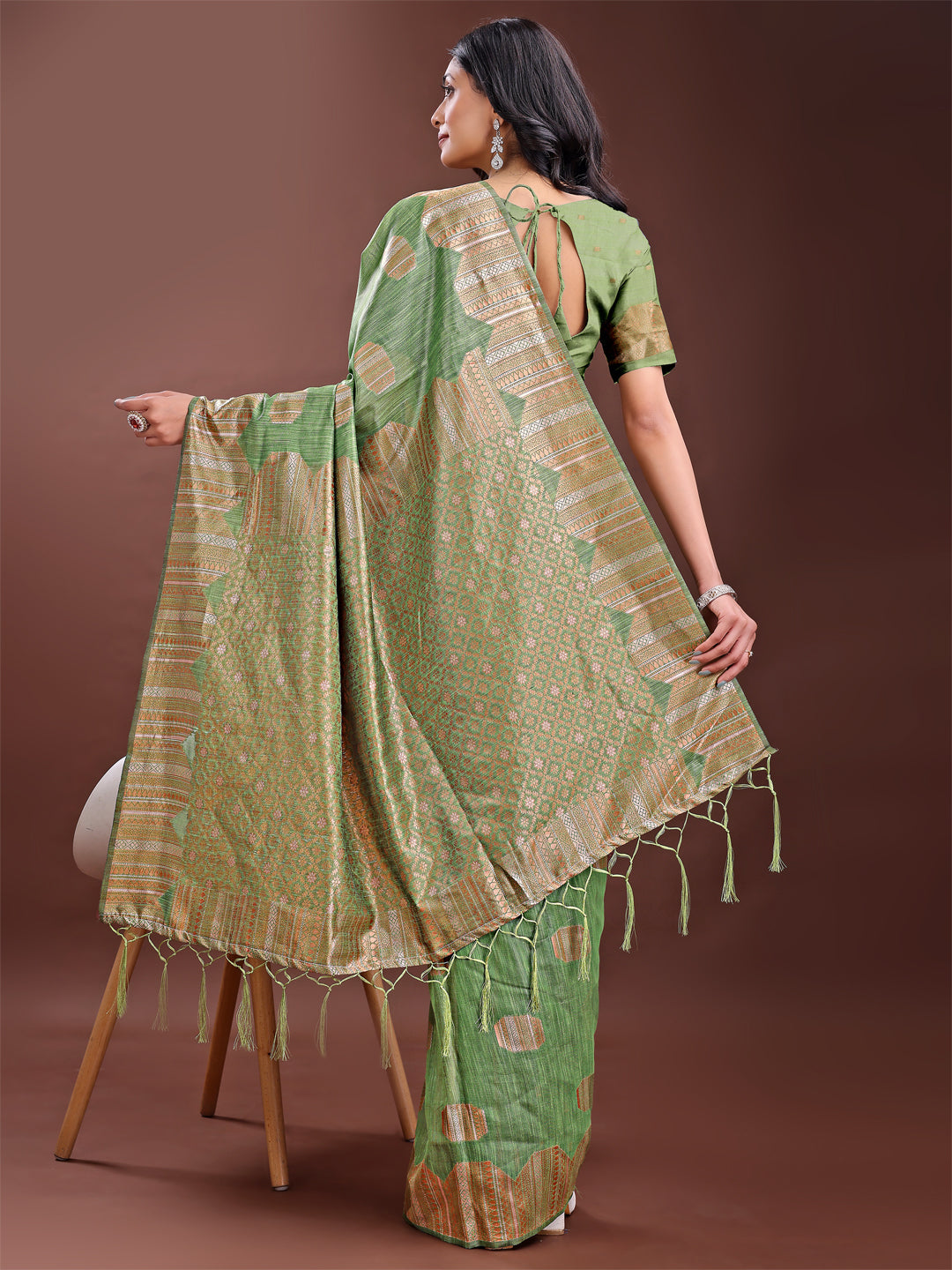Light Green Linen Cotton Saree with Geometric Zari Motifs