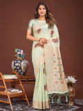 Light green saree with delicate woven work patterns