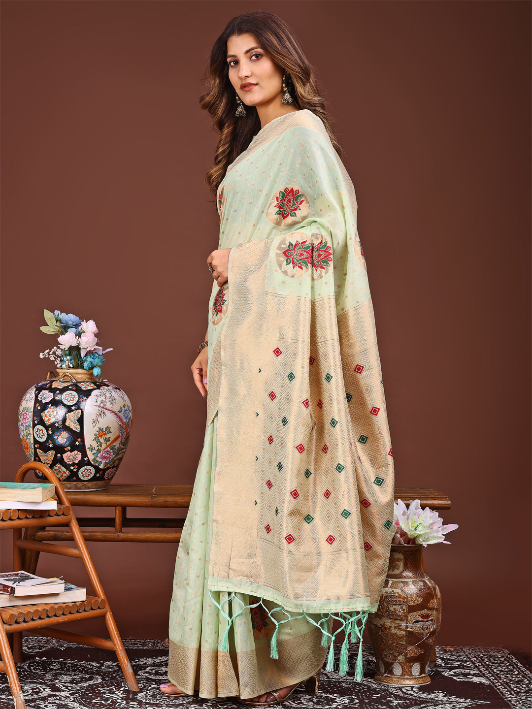 Light Green Woven Work Saree for Traditional Events