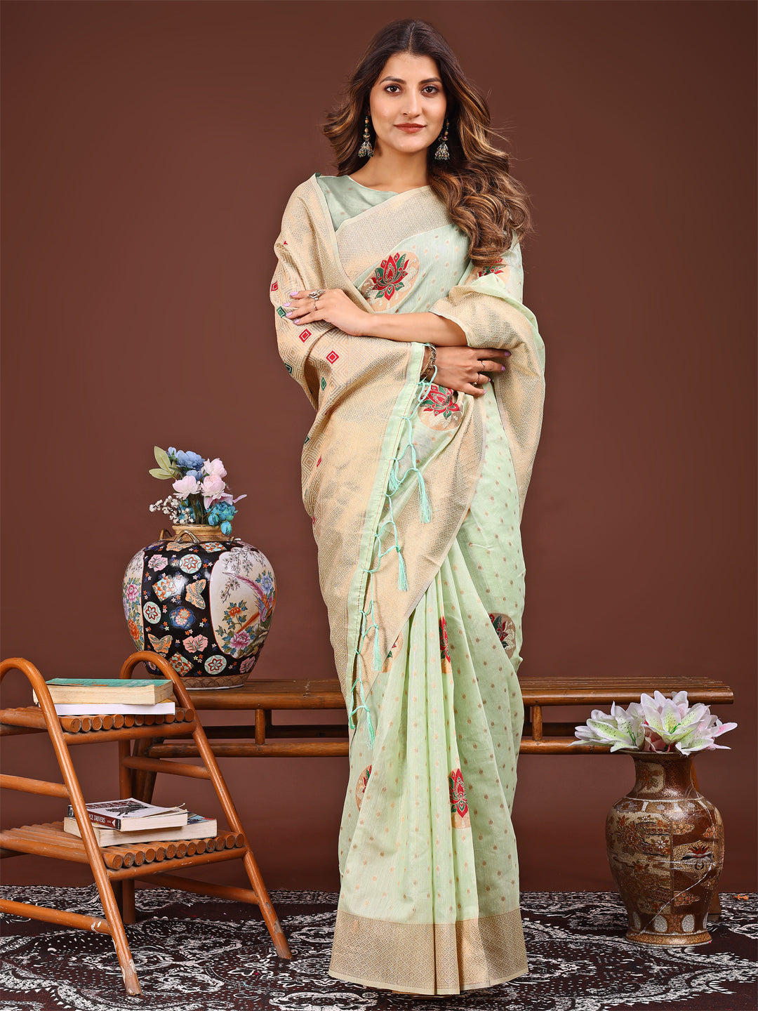 Light Green Woven Work Saree for Traditional Events