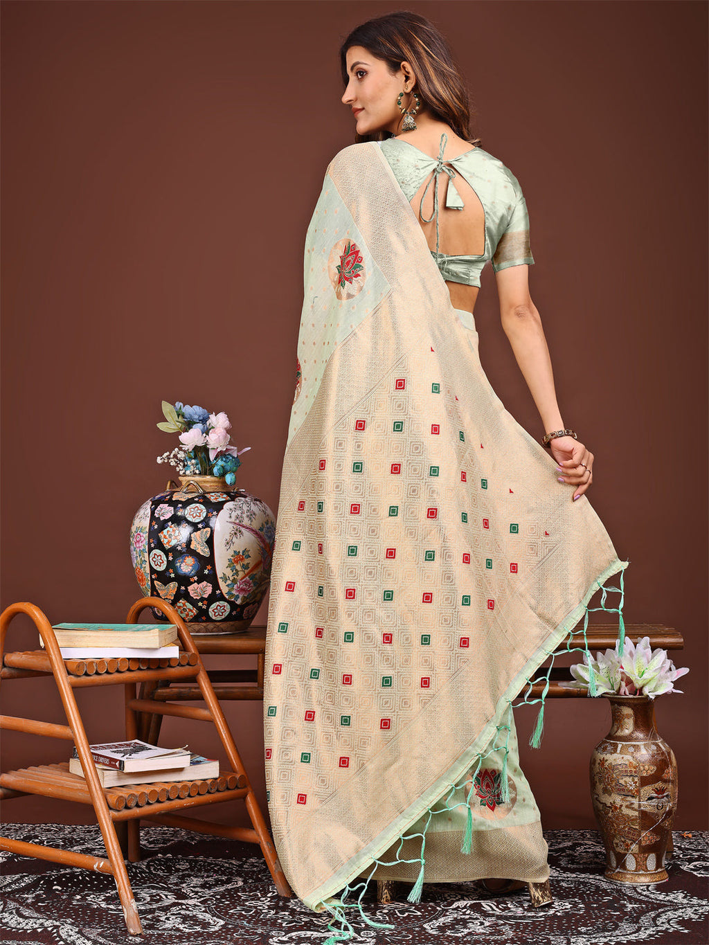 Light Green Woven Work Saree for Traditional Events