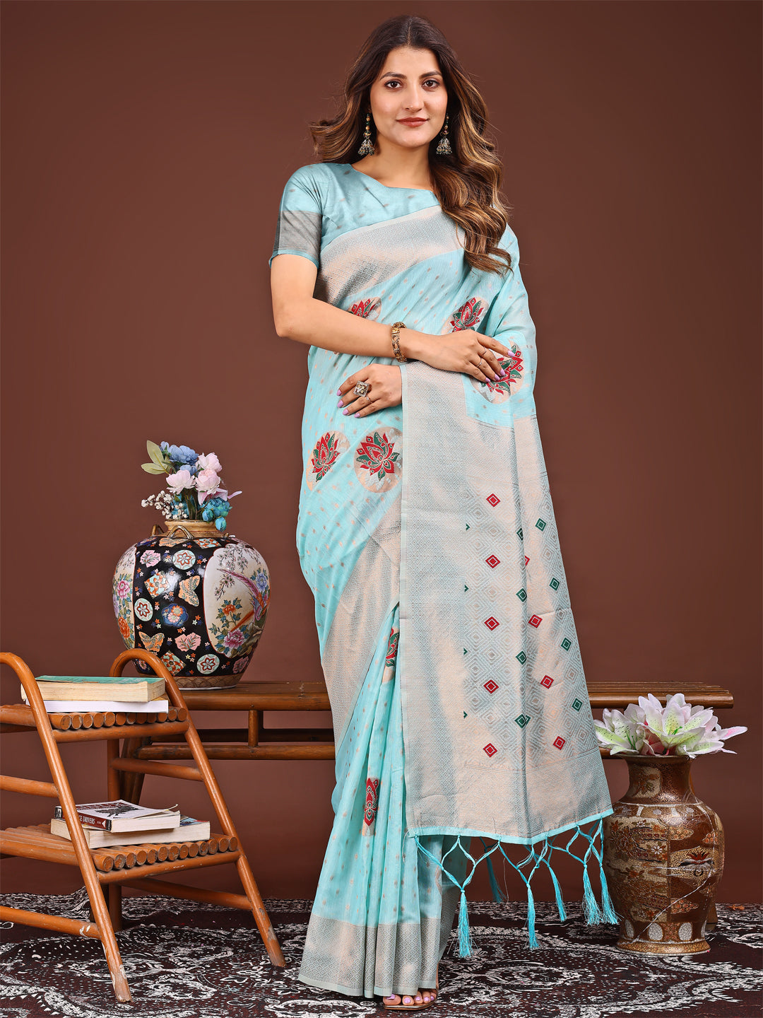 Elegant sky blue saree with intricate woven details