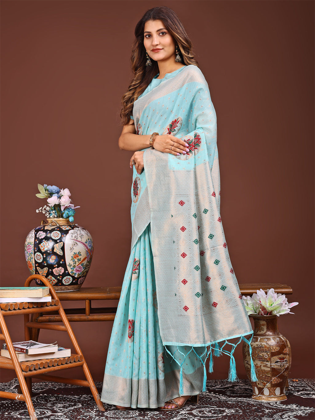 Sky Blue Woven Work Saree - Classic Ethnic Elegance
