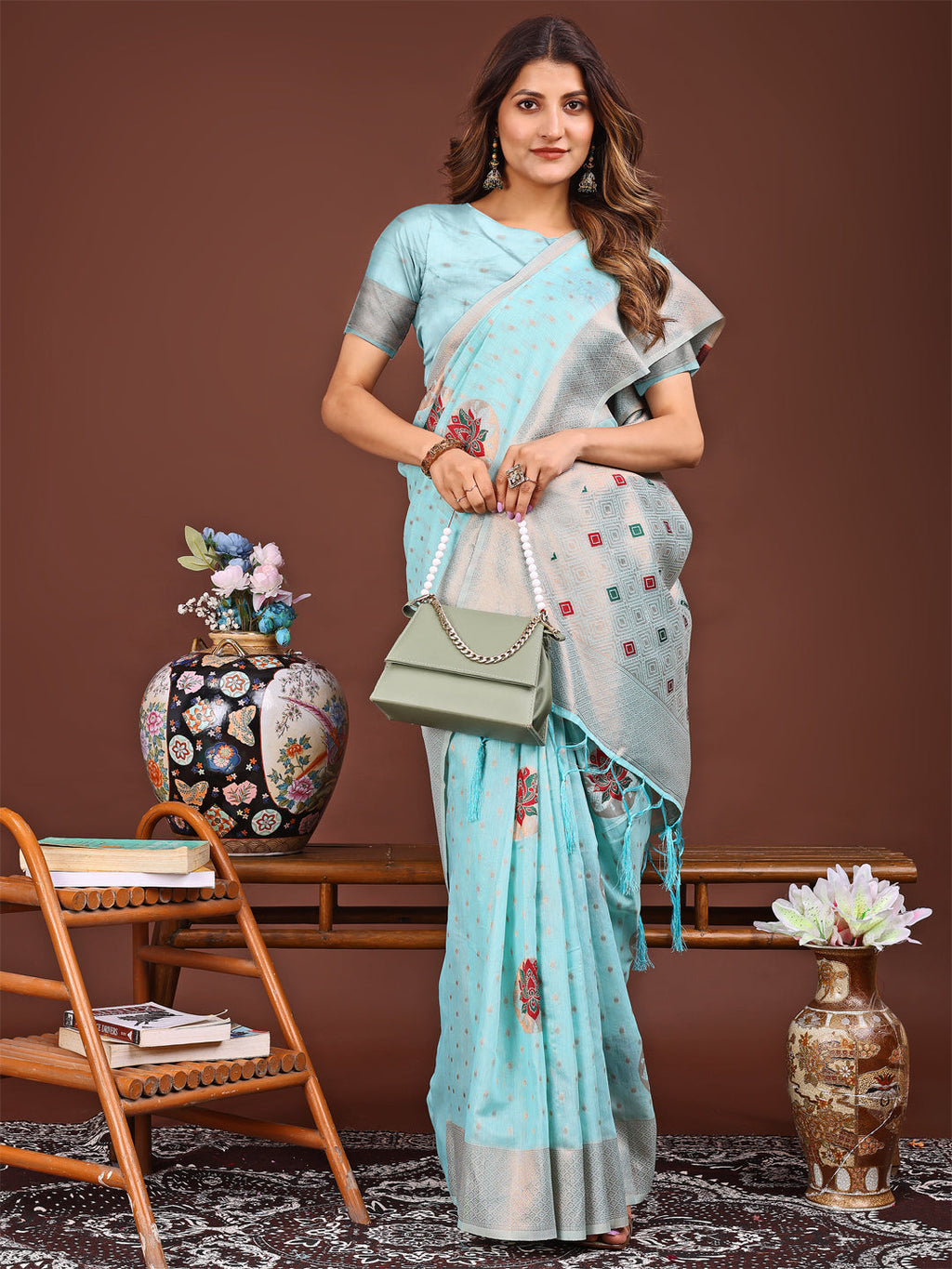 Sky Blue Woven Work Saree - Classic Ethnic Elegance