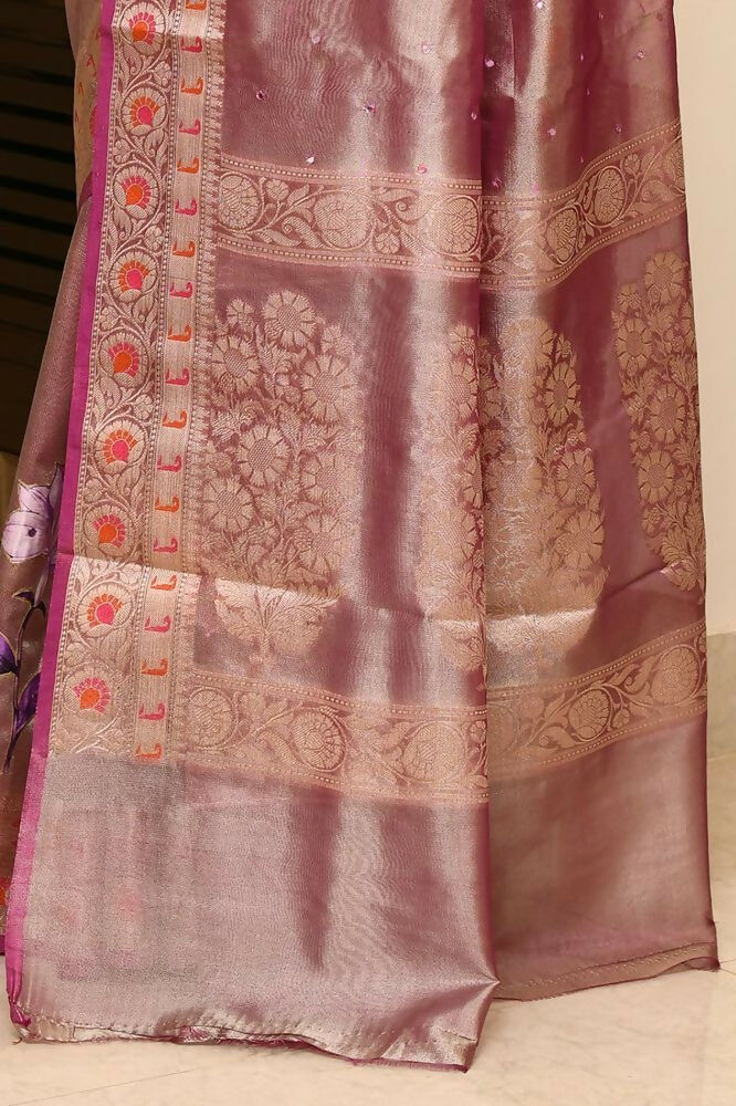 Joban Fashion Purple Saree Tissue Applick With Mirror