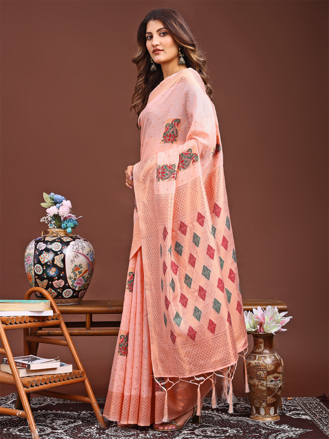 Peach Jacquard Saree with Tassels - Soft Elegance Ethnic Saree