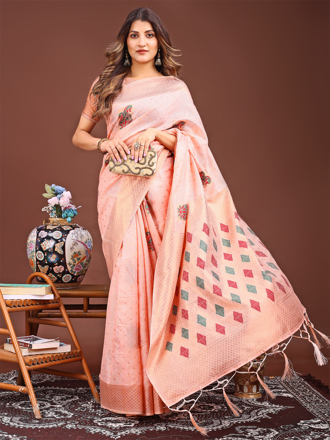 Peach Jacquard Saree with Tassels - Soft Elegance Ethnic Saree