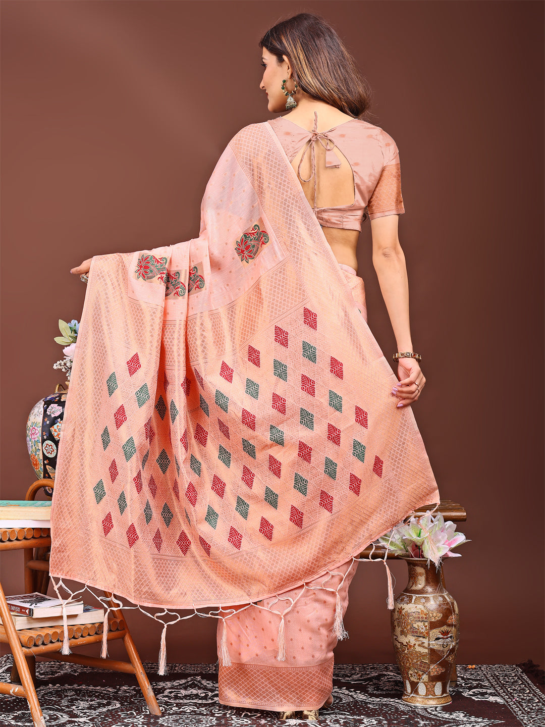 Peach Jacquard Saree with Tassels - Soft Elegance Ethnic Saree