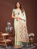 Light green jacquard saree featuring decorative tassels on the pallu