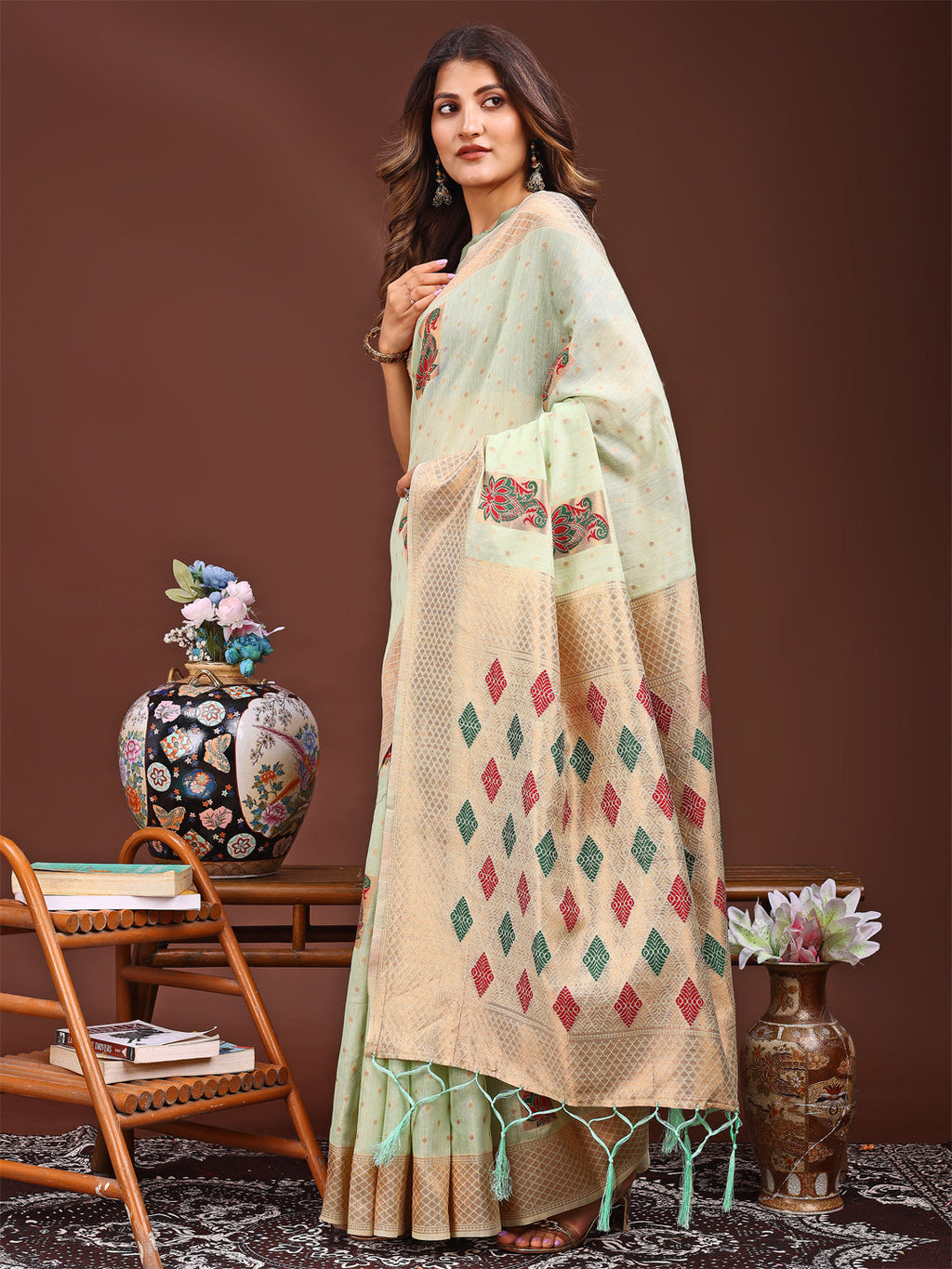Light Green Jacquard Saree with Decorative Tassels