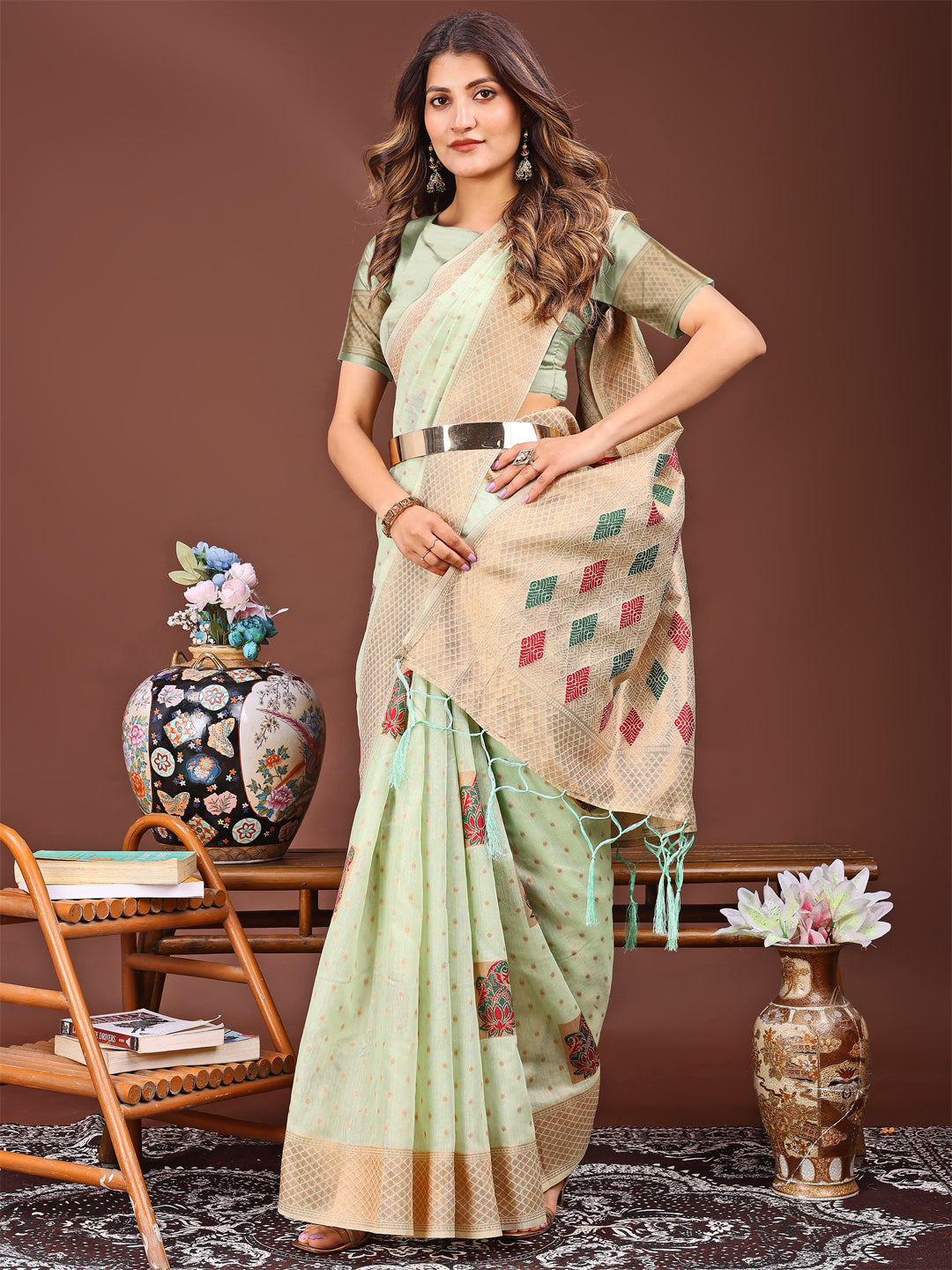 Light Green Jacquard Saree with Decorative Tassels