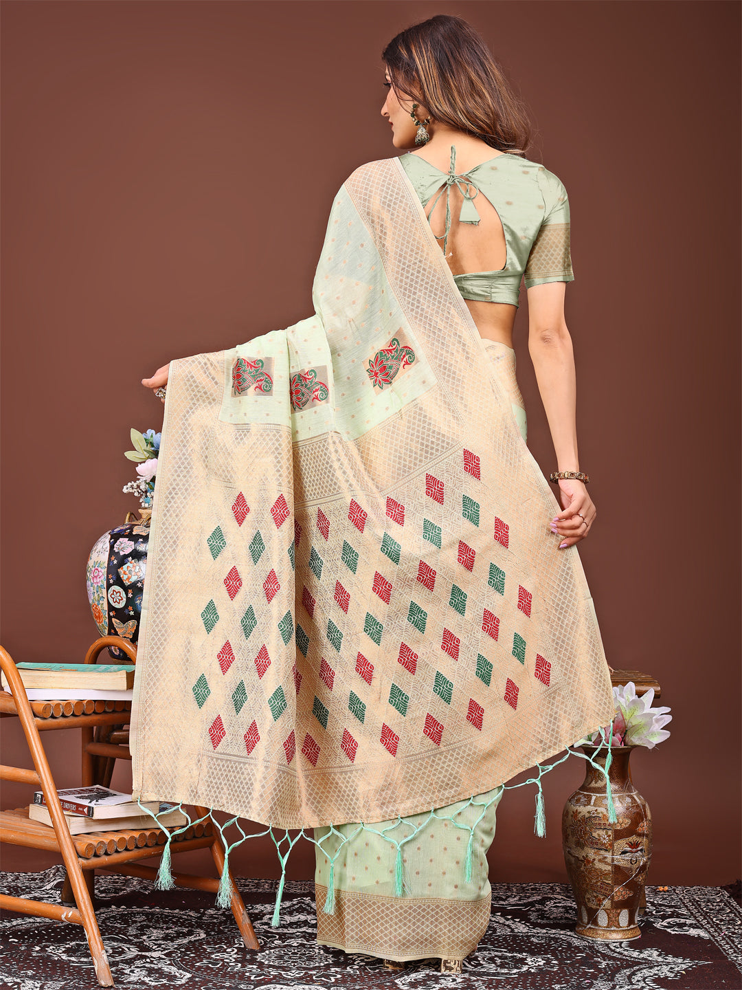 Light Green Jacquard Saree with Decorative Tassels