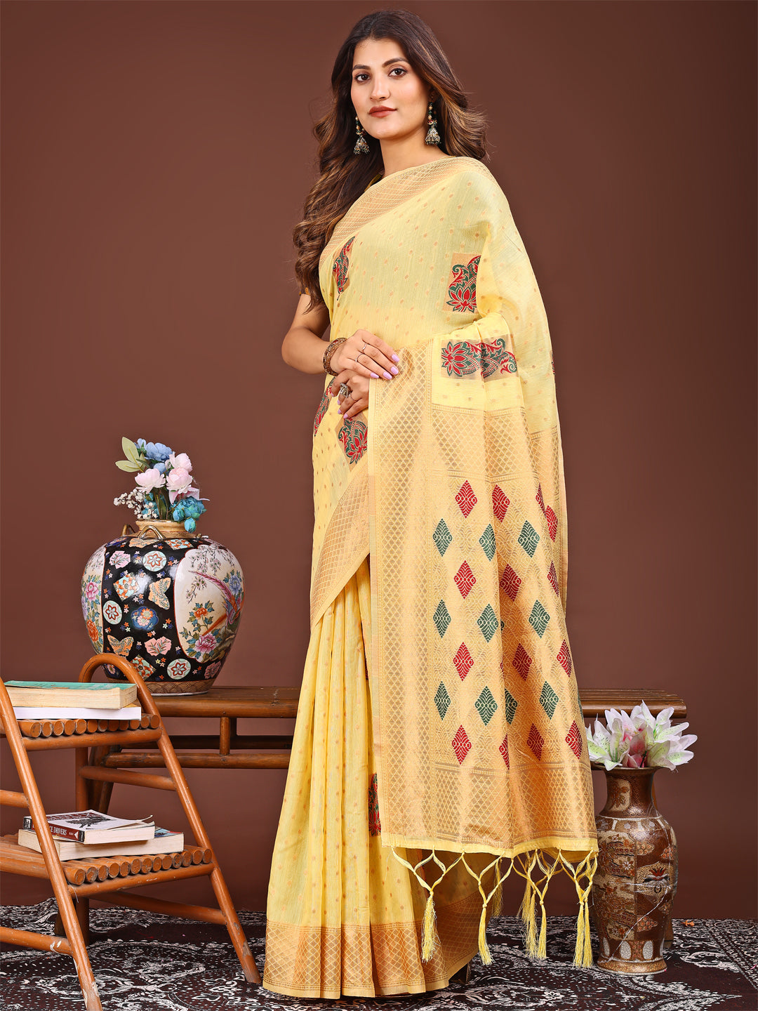 Yellow Jacquard Saree with Decorative Tassels