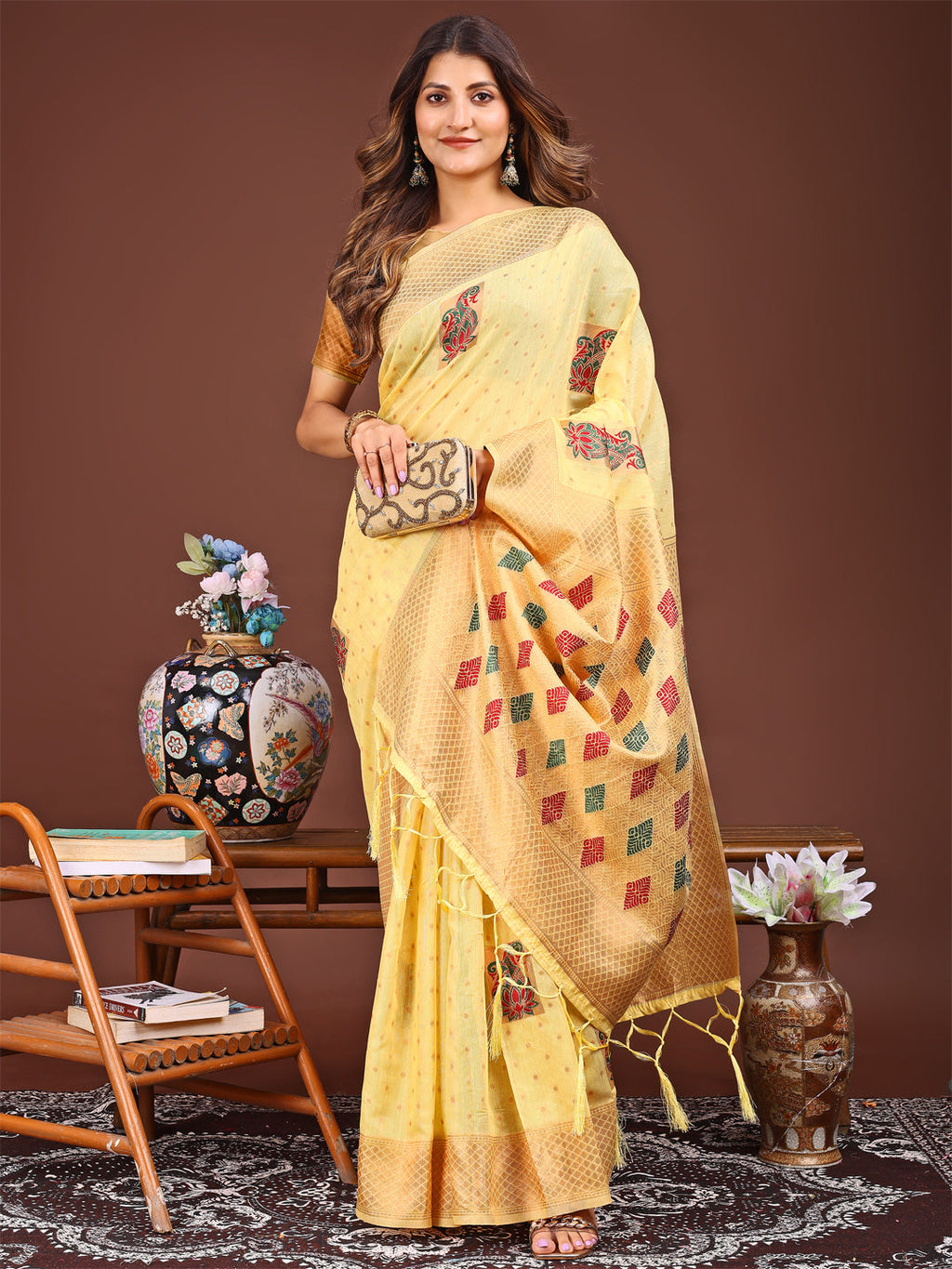 Yellow Jacquard Saree with Decorative Tassels
