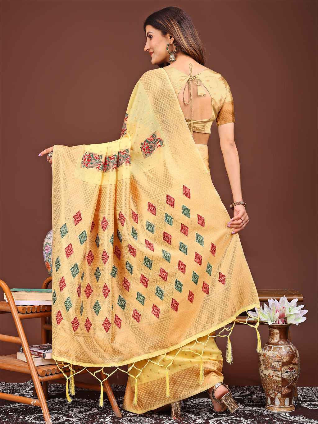 Yellow Jacquard Saree with Decorative Tassels