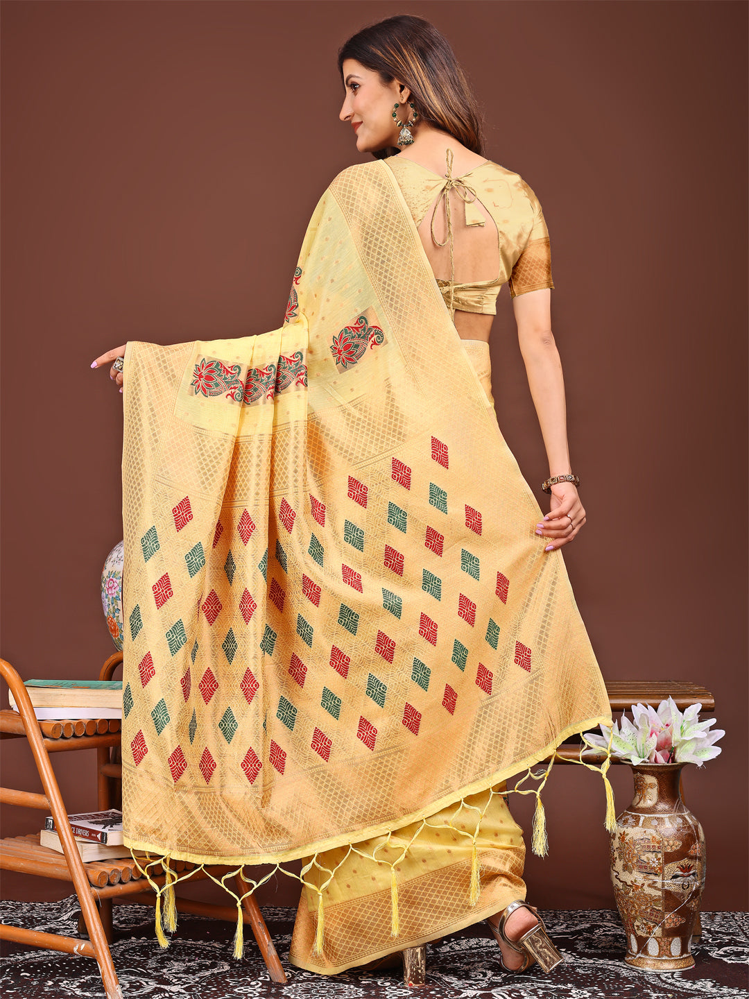 Yellow Jacquard Saree with Decorative Tassels
