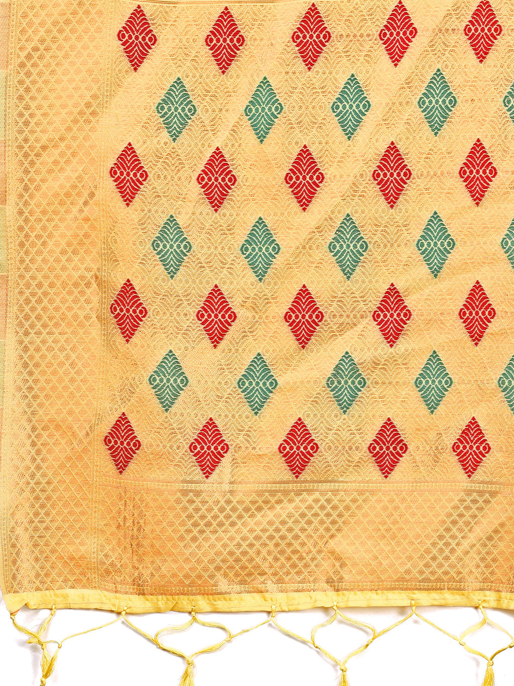 Yellow Jacquard Saree with Decorative Tassels