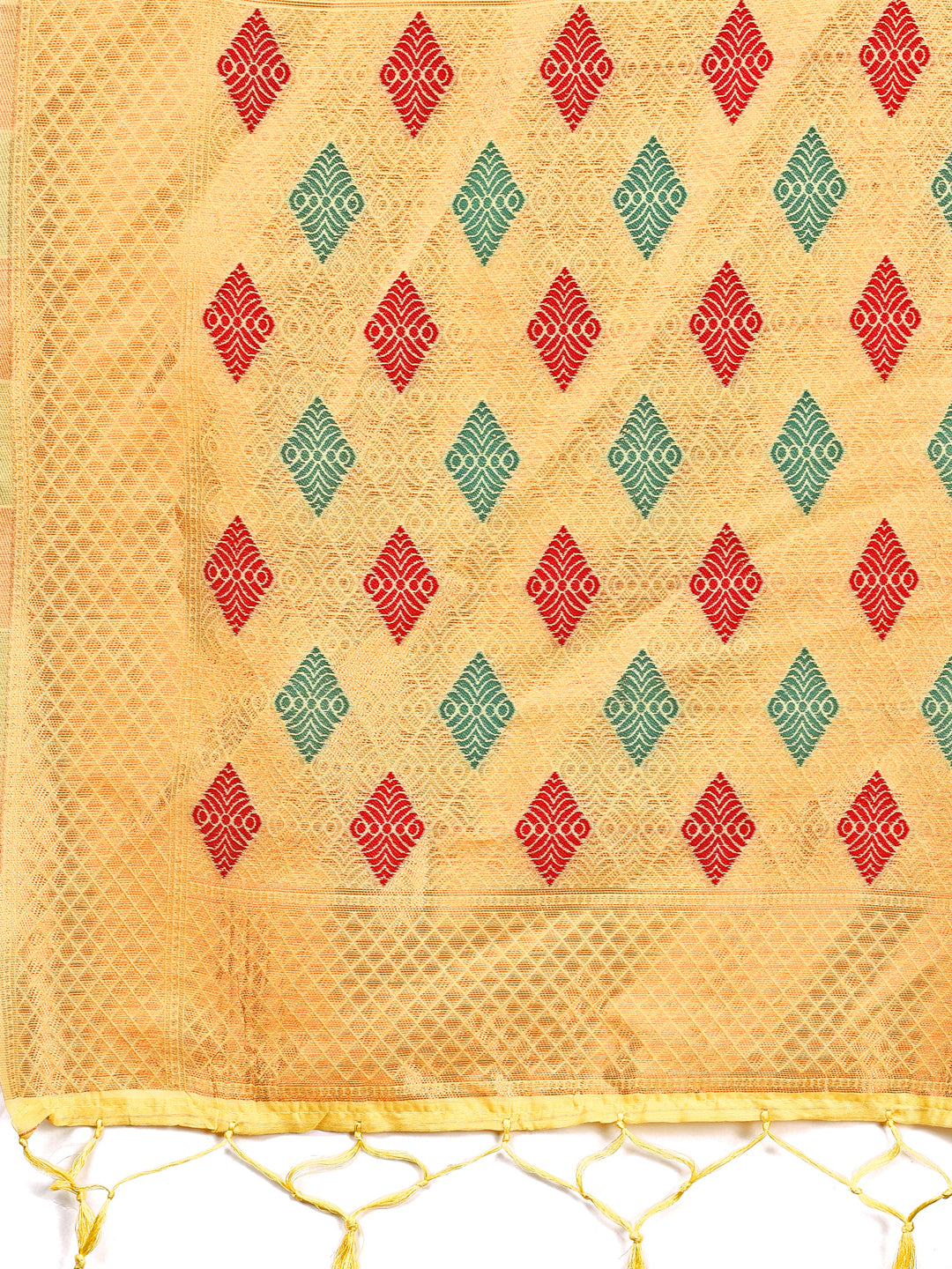 Yellow Jacquard Saree with Decorative Tassels