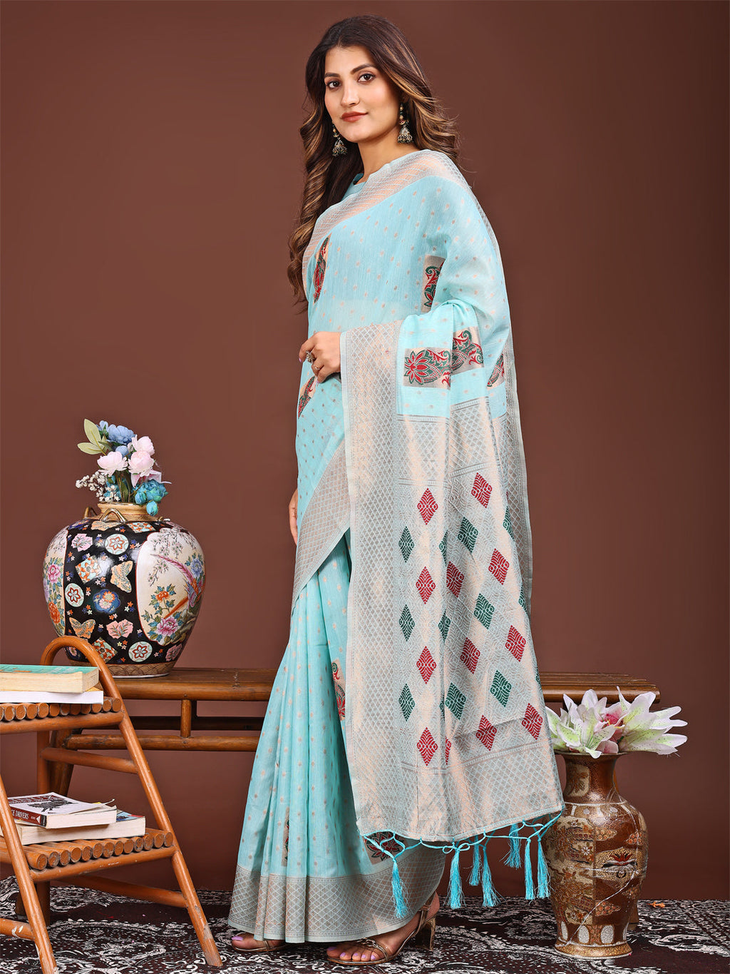 Sky Blue Jacquard Saree with Tassel Details - Elegant Ethnic Wear