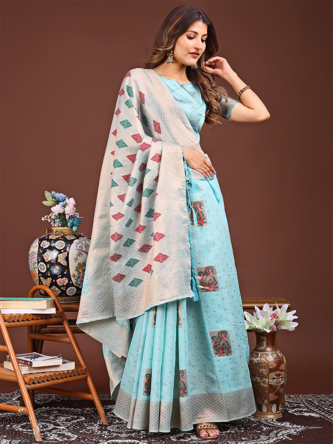 Sky Blue Jacquard Saree with Tassel Details - Elegant Ethnic Wear