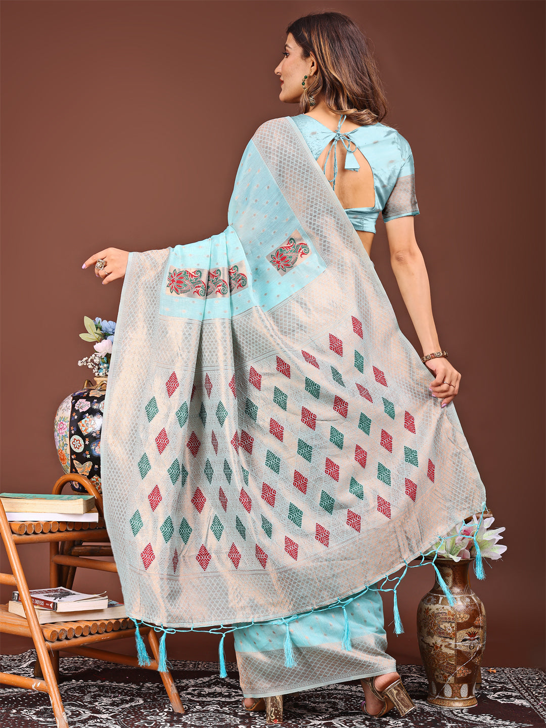 Sky Blue Jacquard Saree with Tassel Details - Elegant Ethnic Wear
