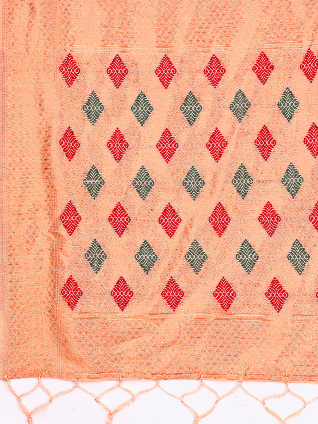 Orange Jacquard Saree with Decorative Tassels and Woven Texture