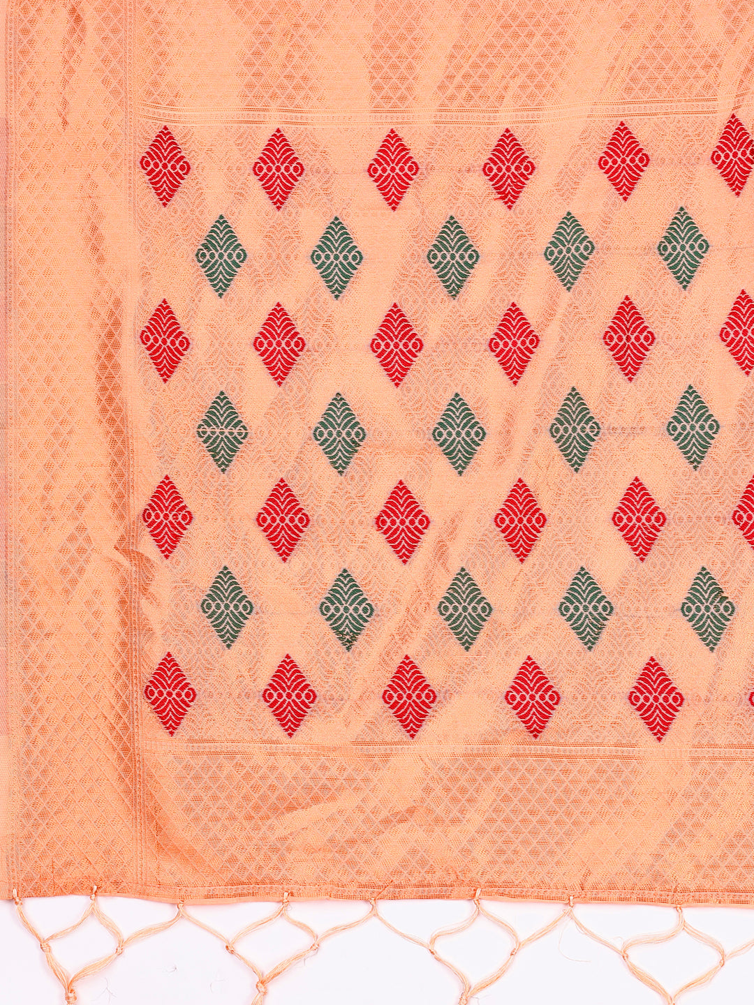 Orange Jacquard Saree with Decorative Tassels and Woven Texture