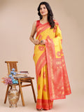 Yellow and red Banarasi silk saree with intricate woven gold zari work and pallu tassels