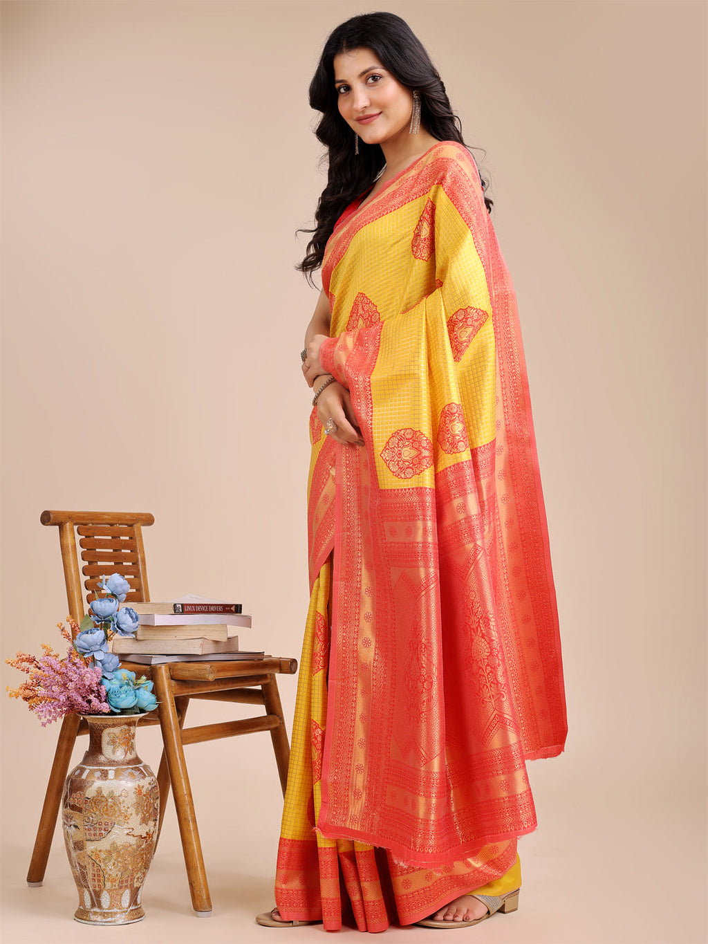 Yellow & Red Banarasi Silk Saree with Woven Zari and Tassels