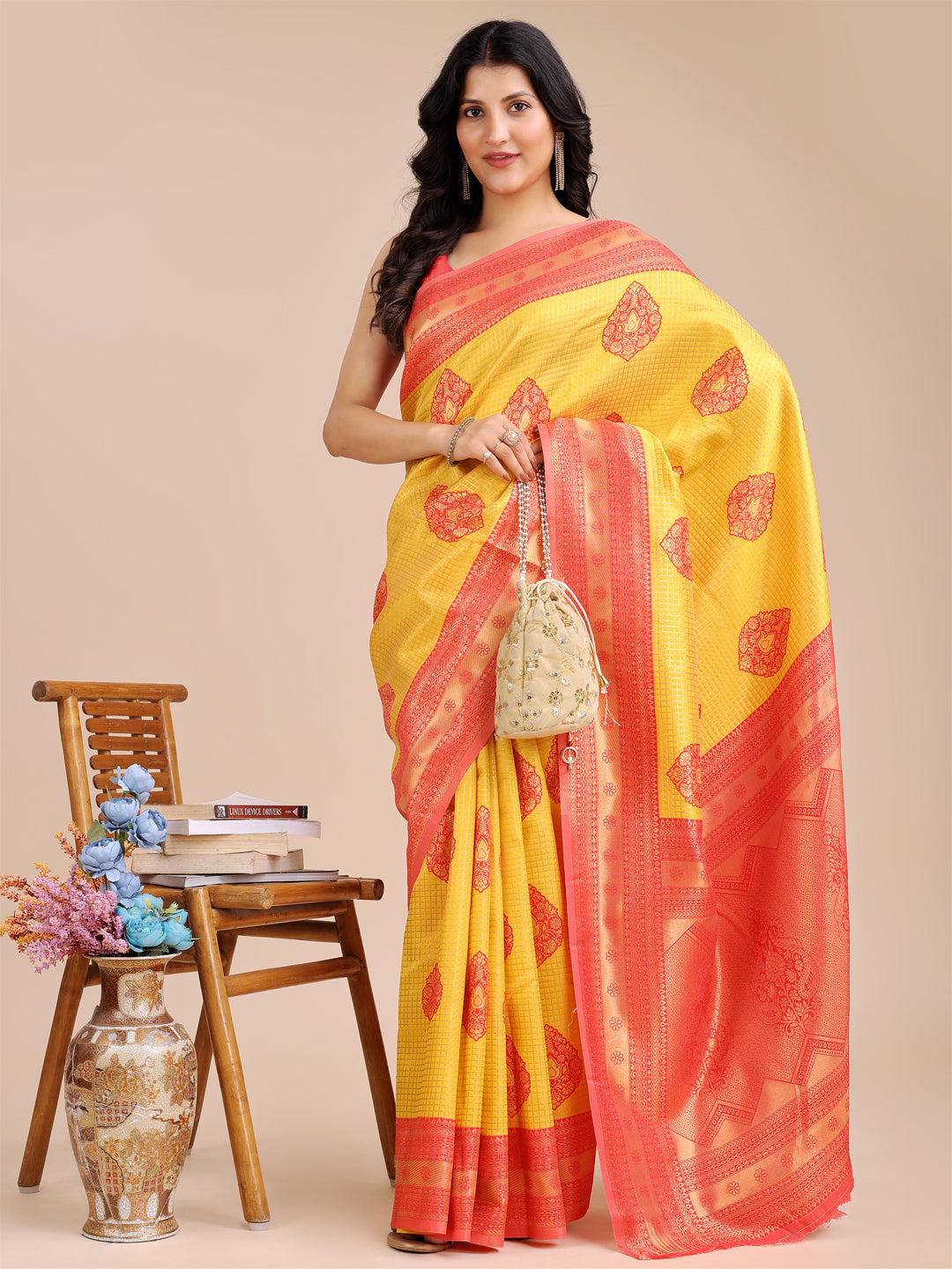 Yellow & Red Banarasi Silk Saree with Woven Zari and Tassels