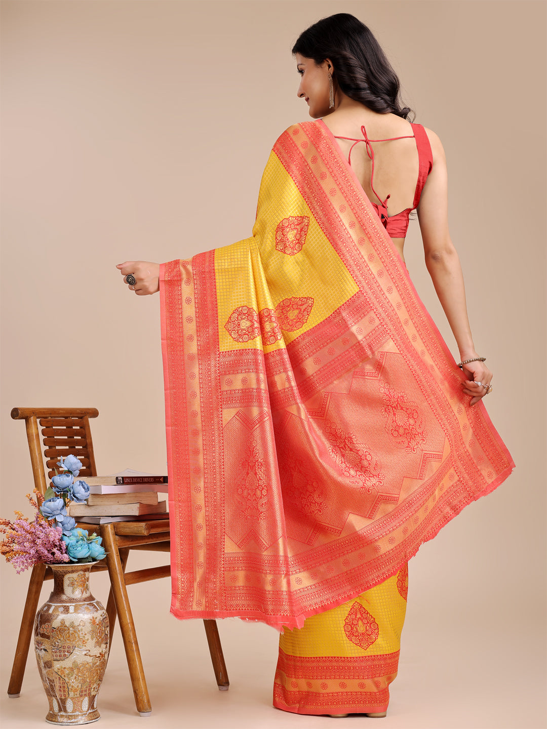 Yellow & Red Banarasi Silk Saree with Woven Zari and Tassels