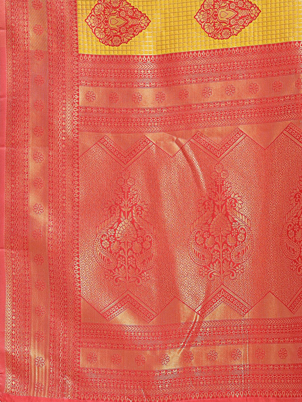 Yellow & Red Banarasi Silk Saree with Woven Zari and Tassels