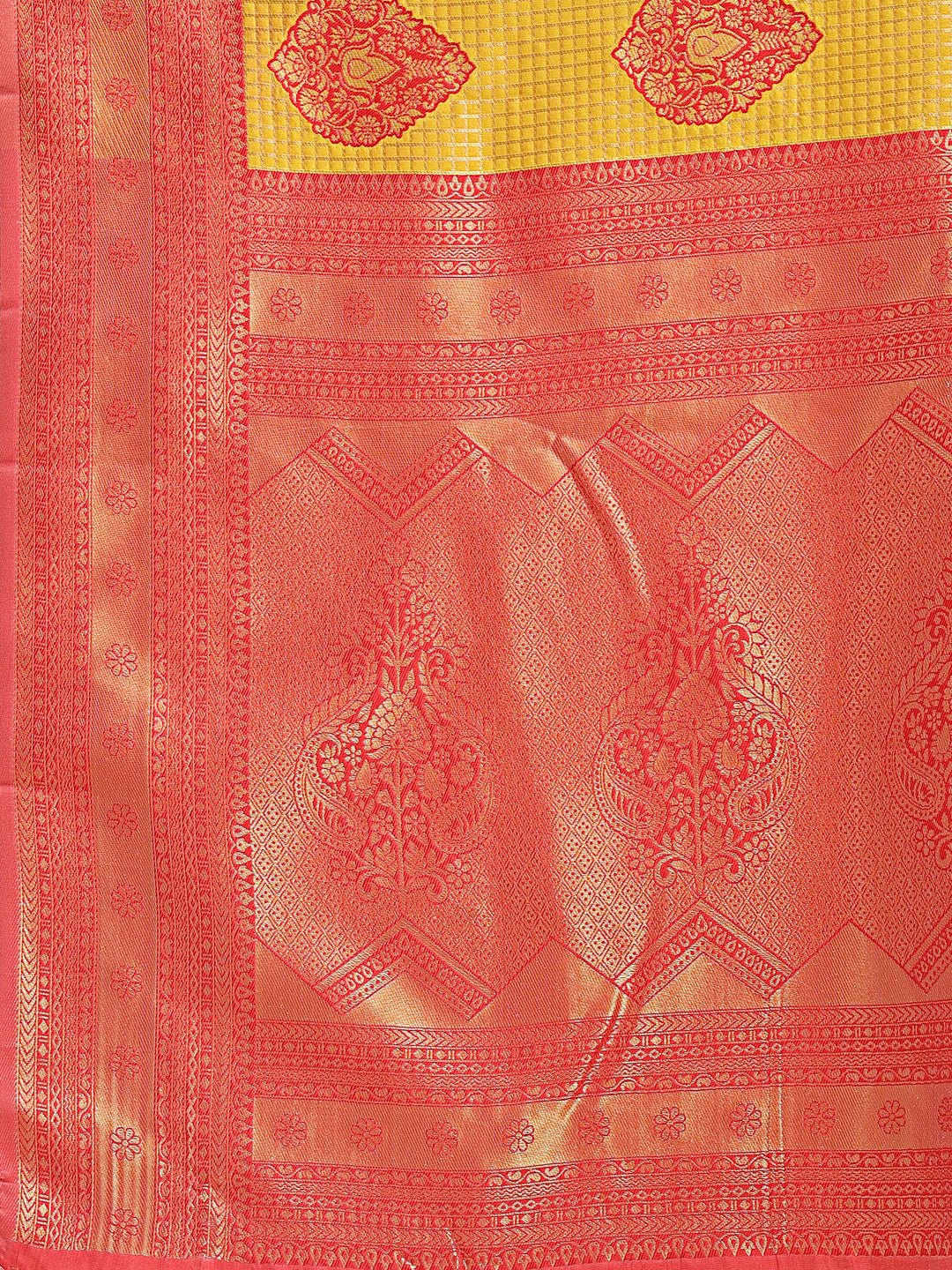 Yellow & Red Banarasi Silk Saree with Woven Zari and Tassels