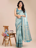 Sea green Banarasi silk saree featuring traditional woven zari work and pallu tassels