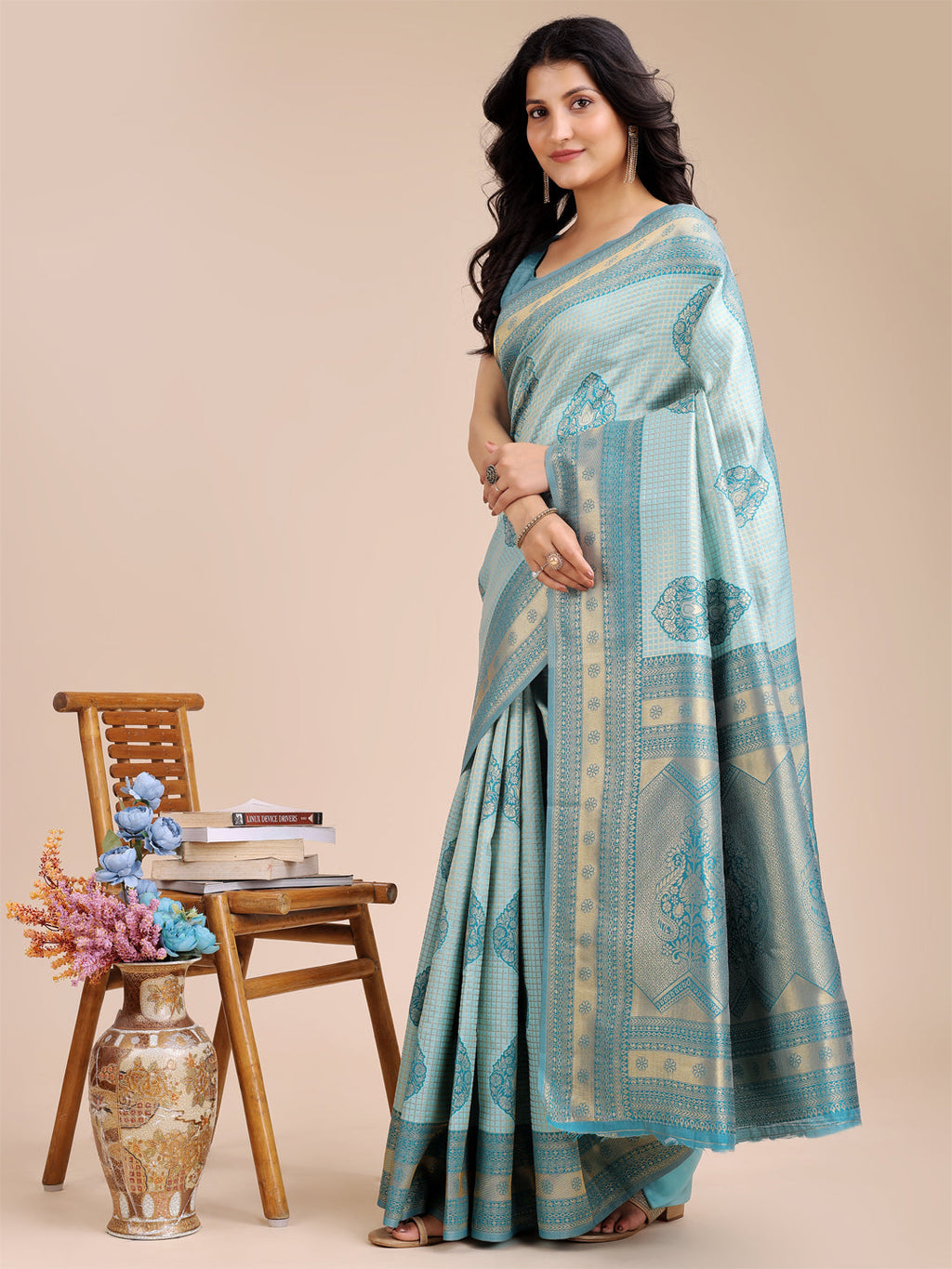 Sea Green Banarasi Silk Saree with Woven Zari and Tassels