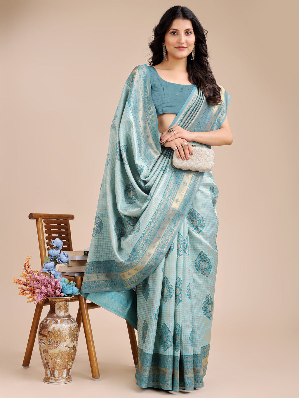 Sea Green Banarasi Silk Saree with Woven Zari and Tassels