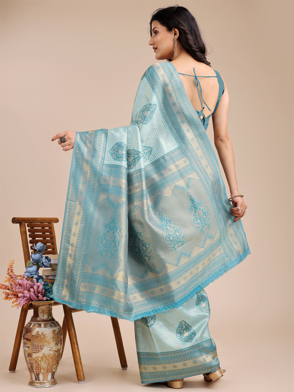 Sea Green Banarasi Silk Saree with Woven Zari and Tassels