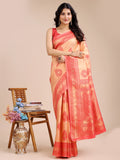 Rich orange and red Banarasi silk saree featuring detailed zari work and traditional tassels