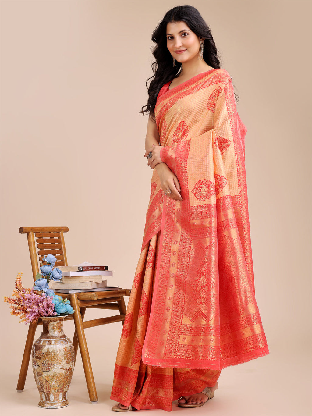 Orange and Red Banarasi Silk Saree with Zari Tassels