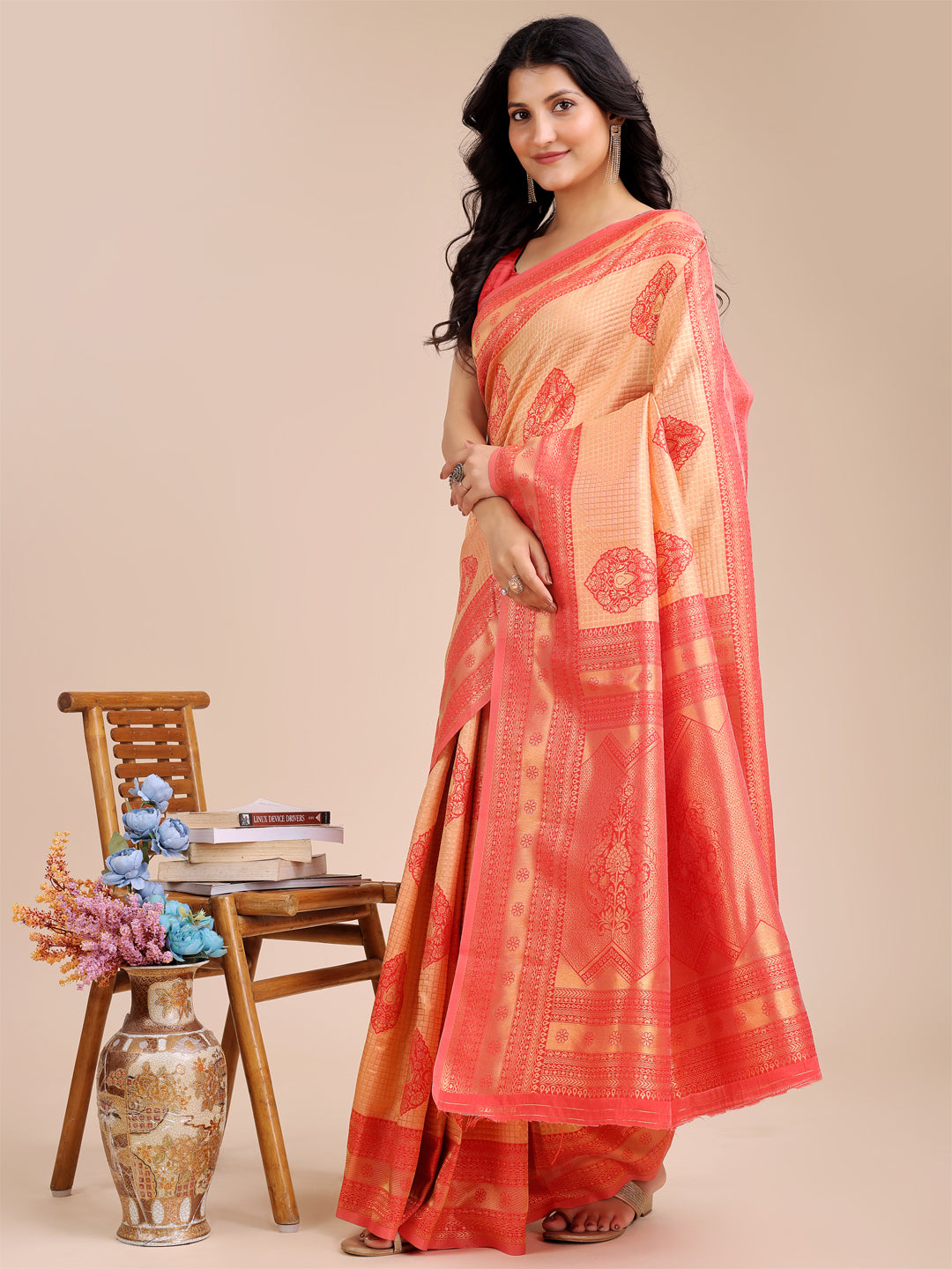 Orange and Red Banarasi Silk Saree with Zari Tassels