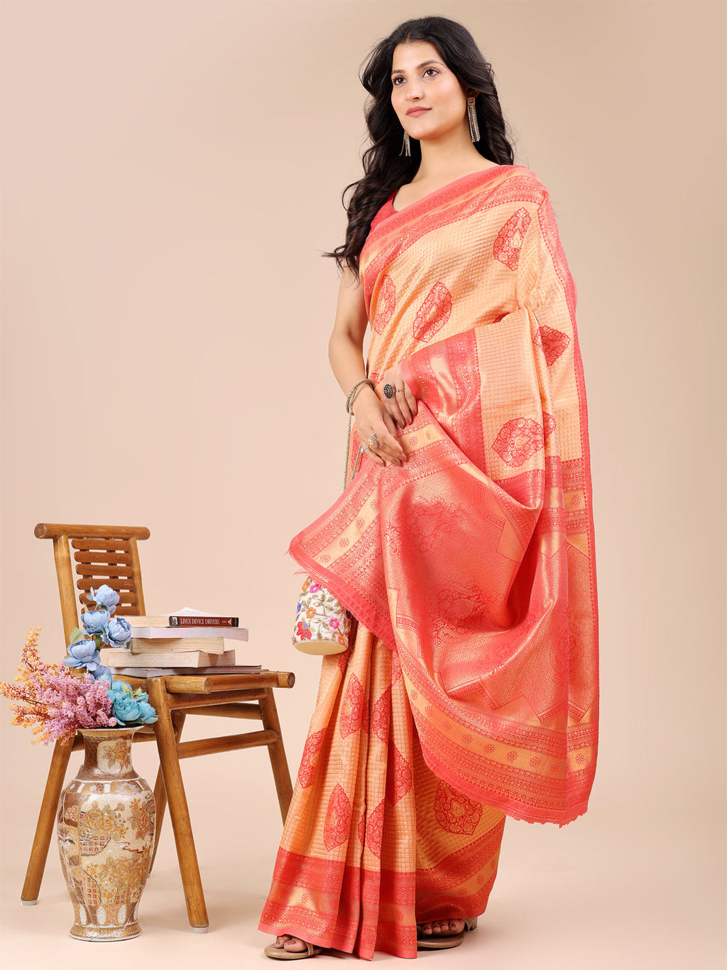 Orange and Red Banarasi Silk Saree with Zari Tassels