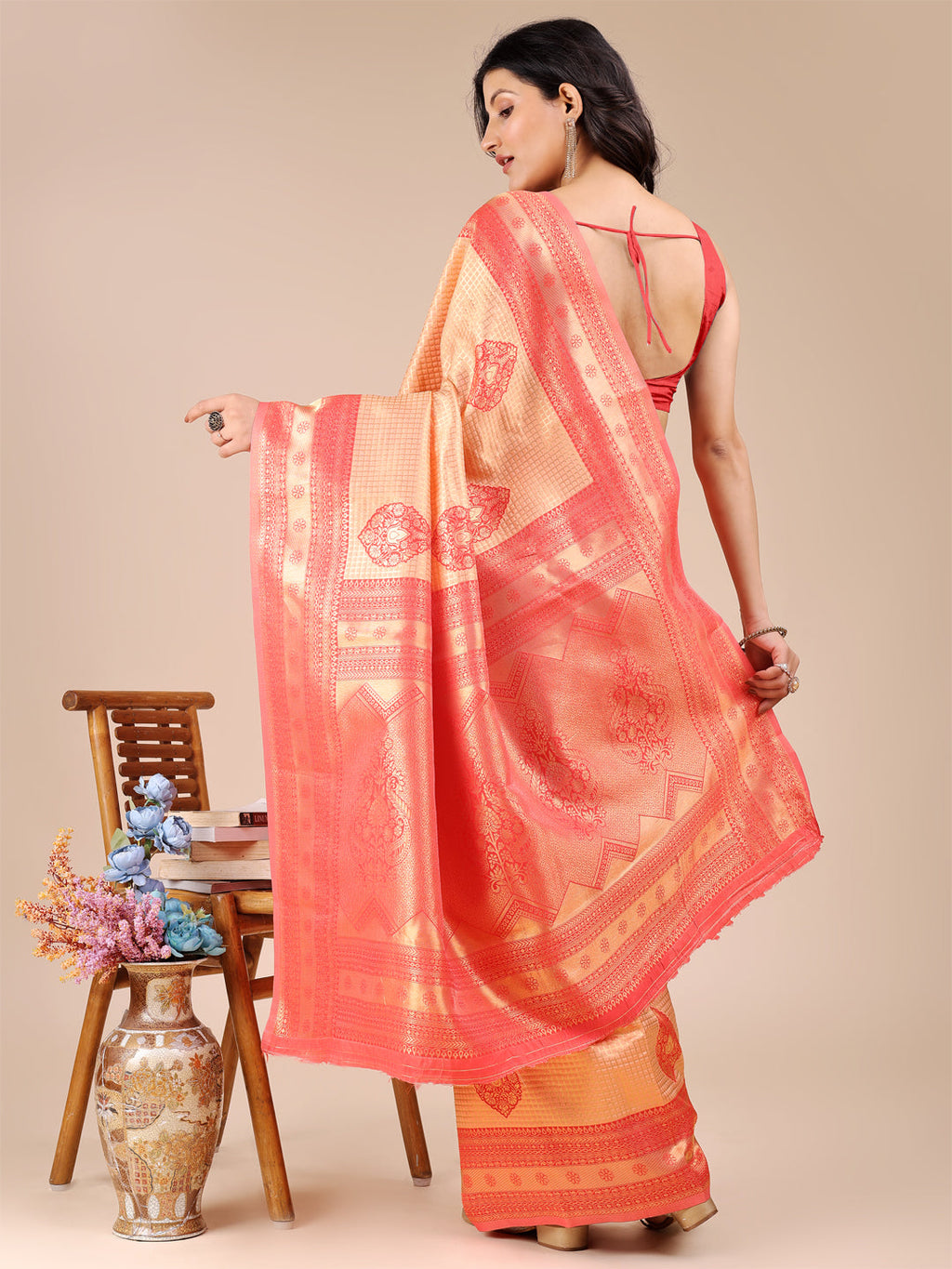 Orange and Red Banarasi Silk Saree with Zari Tassels