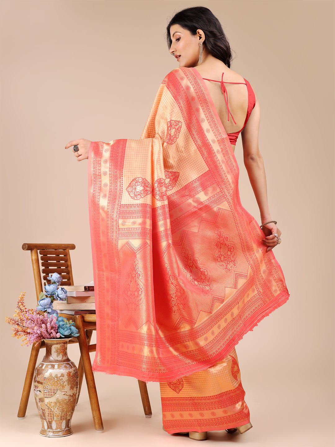 Orange and Red Banarasi Silk Saree with Zari Tassels