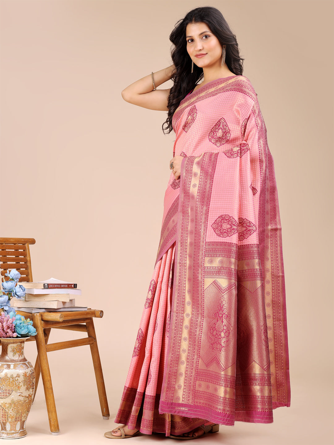 Light Pink & Magenta Banarasi Silk Zari Work Saree with Tassels