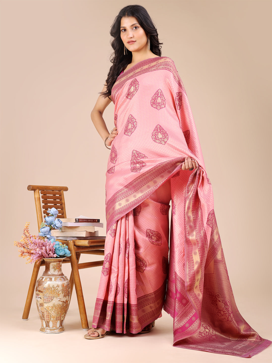 Light Pink & Magenta Banarasi Silk Zari Work Saree with Tassels